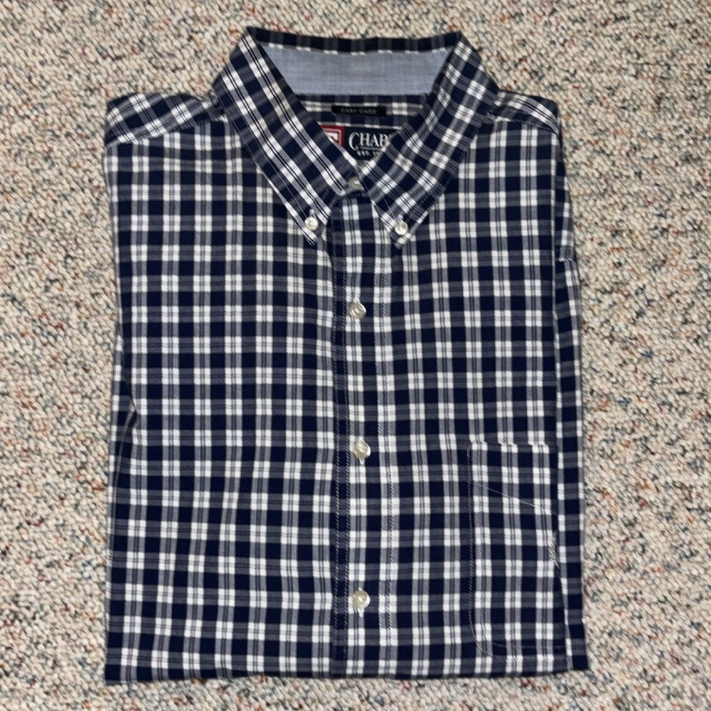 Chaps Easy Care Navy Blue Plaid Long Sleeve Shirt. 32” length, 26” sleeve.